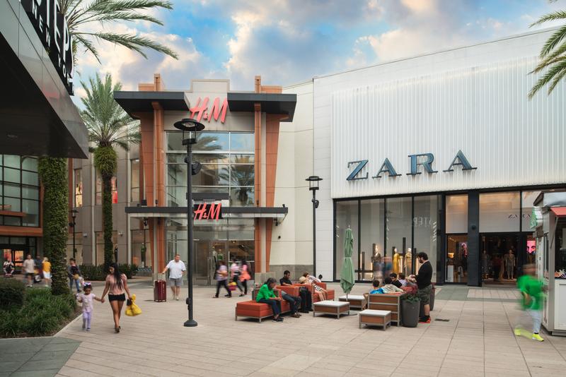 Exterior courtyard with H&M and Zara facades — The Florida Mall, Orlando FL